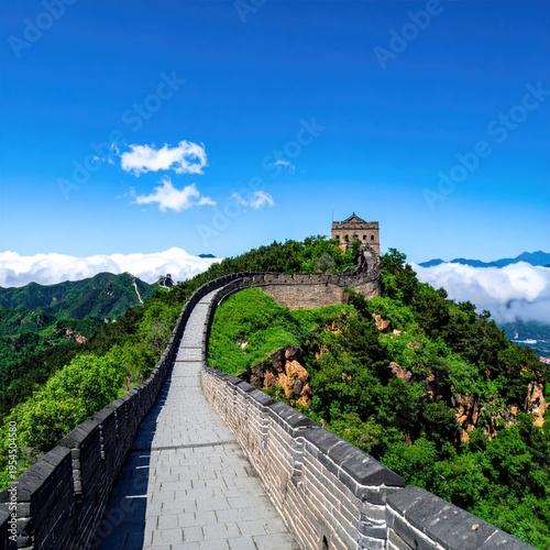 Stone wall winds over mountain, tower atop, against blue sky and clouds