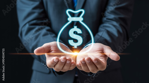 Businessman Holding Glowing Money Bag Icon On Hands For Finance And Investment Concepts