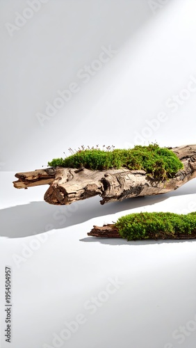 Driftwood with lush green moss against a stark, white backdrop