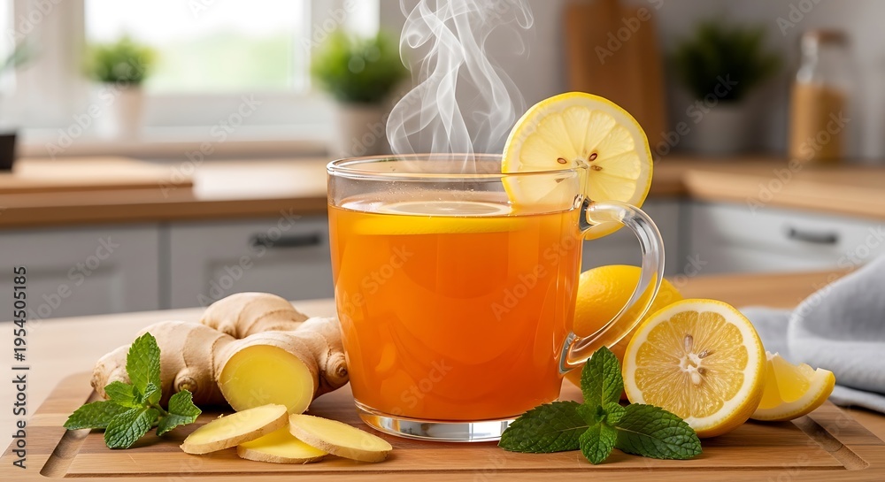 Fototapeta premium Steaming ginger and lemon tea in a glass mug on a wooden board with ingredients