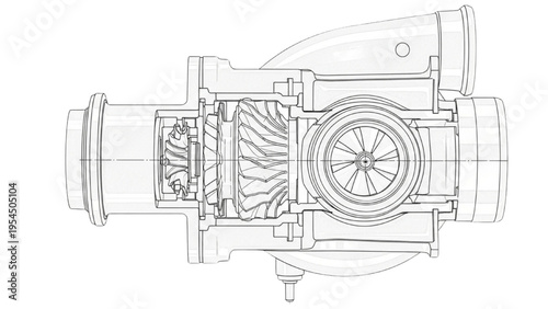 Turbocharger internal cutaway, engineering CAD illustration