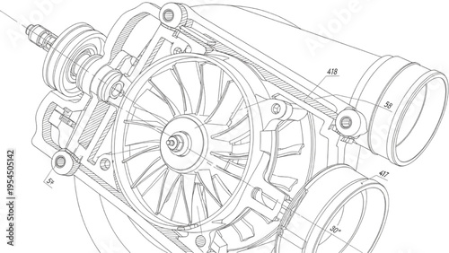 Turbocharger cutaway, CAD automotive turbine technical drawing