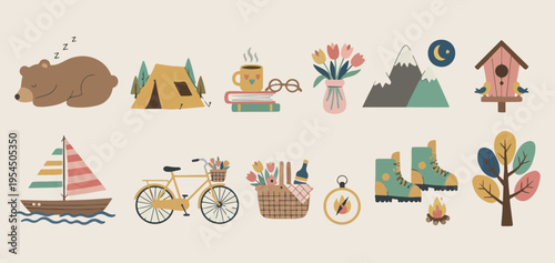 Outdoor life and camping set, hand drawn hobby travel icons, adventure vacation sketches collection for design, minimalist nature elements for branding, holiday activity line art graphics, summer trip