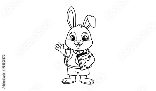 Cute cartoon rabbit schoolboy waving with textbook outline coloring page vector isolated on white background