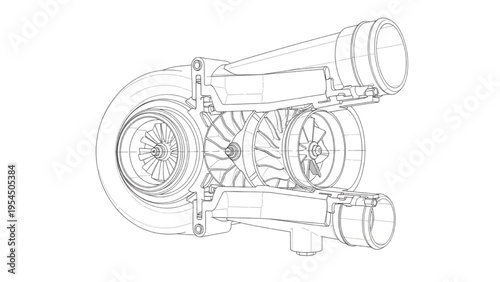 Turbocharger internal cutaway, engineering CAD illustration