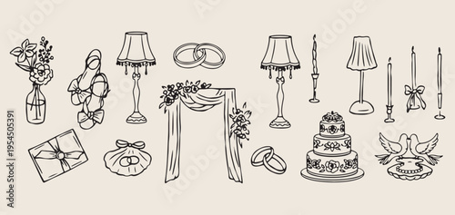 Wedding arch and ceremony set, hand drawn marriage celebration icons, romantic wedding decor sketches collection, minimalist bridal elements for design, marriage altar line art graphics, wedding cake 