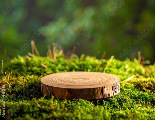 Wood slice stage in moss. Green and brown hues in natural setting