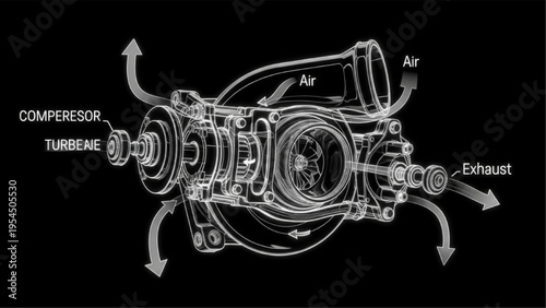 Annotated turbocharger cutaway black tech, glowing engineering