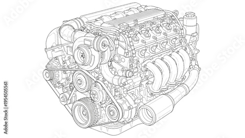 Turbocharged engine CAD drawing, automotive turbo system diagram