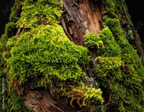 Close-up of vibrant green moss growing on weathered tree bark