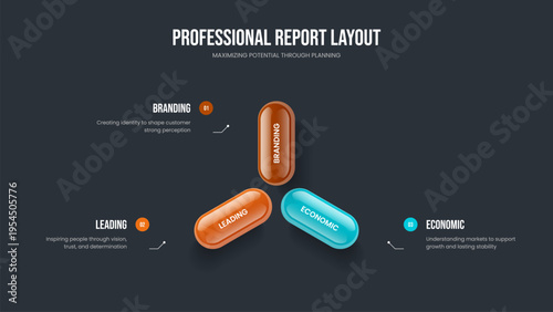 Financial Growth 3 Step Diagram Slideshow Template. Investor Portfolio Slide Layout Vector Illustration. Business Launch Three Option Infographic Presentation Design.