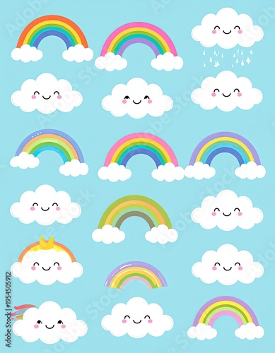 Collection of cute rainbows and smiling clouds on a light blue background