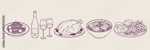 Roast turkey and soup doodle set, dinner food hand drawn icons, roasted chicken and hot soup sketches, holiday meal vector illustration collection, kitchen cooking food line art, traditional dinner el
