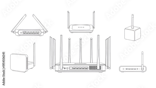 Internet router icons bundle, CAD style communication devices
