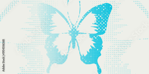 Abstract butterfly composition made from halftone dot patterns, cyan and light blue color palette on a soft beige background
