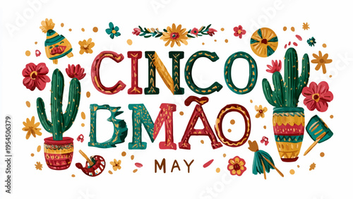 Cinco de Mayo vector illustration with cacti and flowers