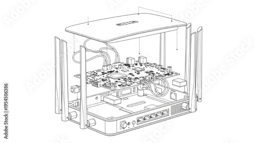 Internet router exploded view, engineering technical blueprint