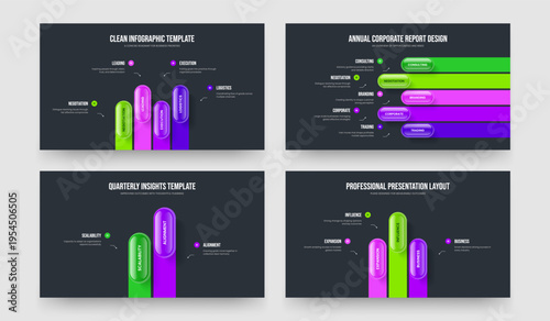 Financial Solution Four Five Two Three Option Diagram Presentation Template Vector Illustration Set. Market Visualization 4 5 2 3 Step Infographic Frame Layout Bundle.