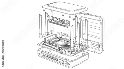 WiFi router exploded view, CAD technical networking diagram