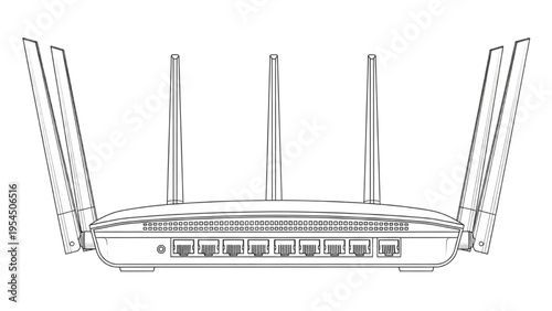 Wireless router angled view, technical CAD outline illustration