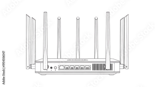 WiFi router perspective view, CAD networking device line art