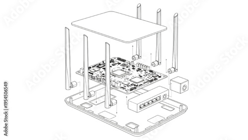 Wireless router exploded diagram, technical CAD line art