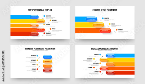 Investor Review 5 3 4 Step Infographic Slideshow Design Bundle. Digital Proposal Five Three Four Element Diagram Frame Template Vector Illustration Collection.