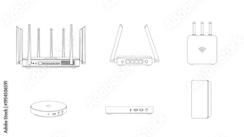 Wireless router icons set, CAD style networking device line art