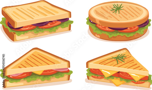 Sandwiches vector illustration with grilled and toasted bread styles including rectangular, round and triangular designs with fillings