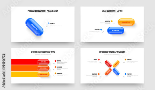Modern Forecast One Two Three Four Element Diagram Slide Design Vector Illustration Set. Product Proposal 1 2 3 4 Step Infographic Slideshow Template Bundle.