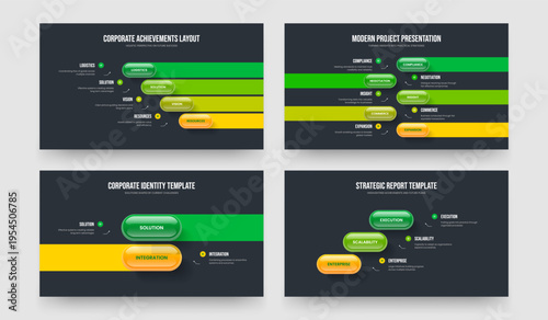 Modern Launch Four Five Two Three Option Diagram Frame Layout Vector Illustration Set. Business Insight 4 5 2 3 Element Infographic Slideshow Template Collection.