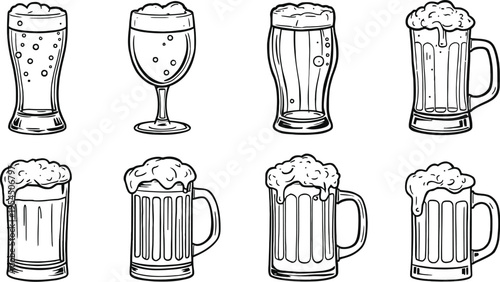 Beer glasses vector illustration with pilsner, pint, stemmed glass and foamy mugs in black and white stylized line drawings