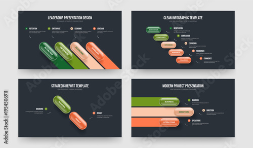 Investor Campaign 4 5 2 3 Step Diagram Slide Design Set. Enterprise Performance Four Five Two Three Element Infographic Presentation Template Vector Illustration Bundle.