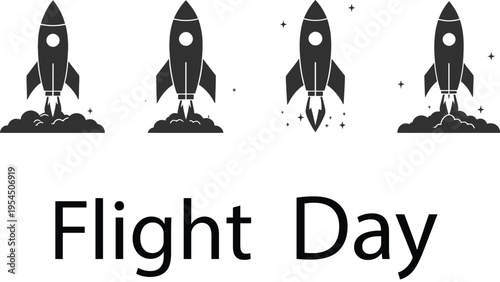Flight Day vector illustration with rocket launch sequence showing ignition liftoff ascent and smoke trail in bold black design