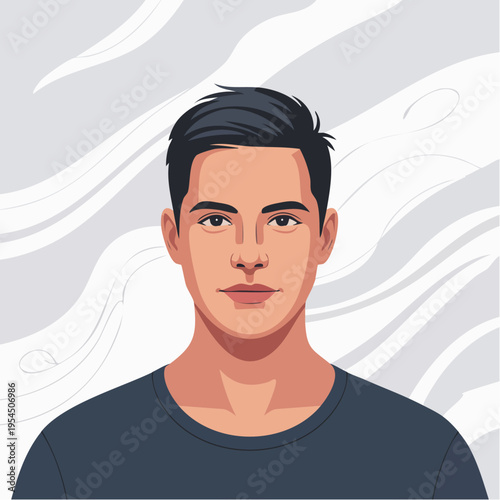 Illustration of a young man with short black hair and a navy blue t-sh