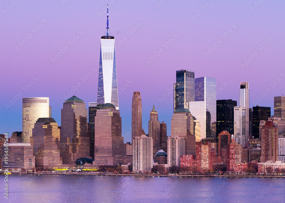 Obraz premium Manhattan night view. New York panoramic. NYC cityscape. New York night skyline. New York City aerial view of Manhattan. New York skyline with Tower. NYC night metropolis skyline.