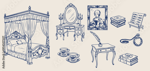 Antique furniture and interior design, Vintage dressing table and mirror, Classic bedroom decor line art, Royal vanity and luxury furniture, Renaissance style home decor icons, Elegant interior archit