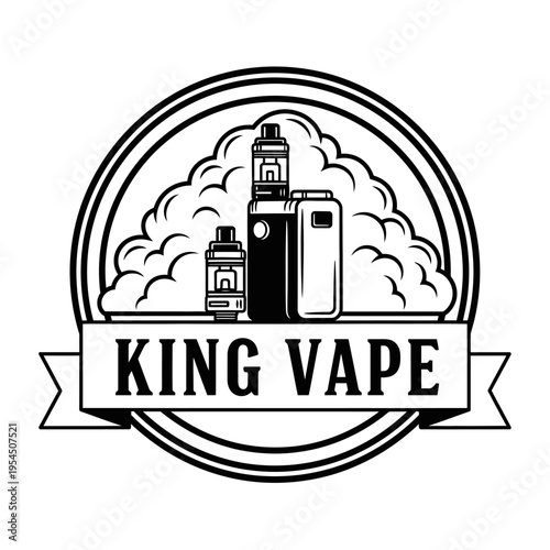 King Vape Logo with Vaping Devices and Clouds.