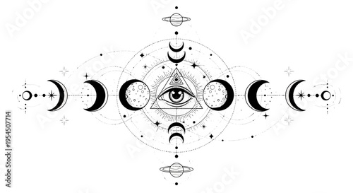 Mystical All Seeing Eye with Moon Phases and Celestial Symbols.