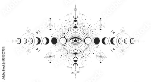 Mystical all-seeing eye with moon phases and sacred geometry.