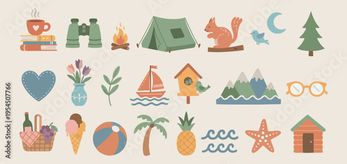 Camping and travel hand drawn set, outdoor adventure doodle icons, tent and campfire sketches collection, beach vacation and sea travel elements, summer holiday vector illustrations, nature exploratio