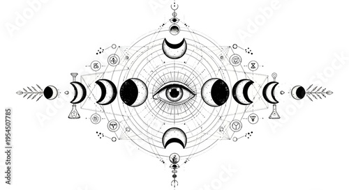 Mystical Eye and Moon Phases Esoteric Symbolism.