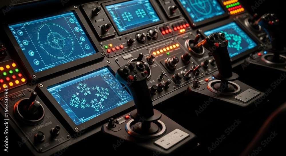 Fototapeta premium Advanced control panel with joysticks and screens for navigation and operation