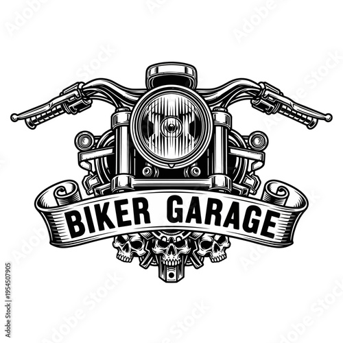 Vintage Motorcycle Emblem with Biker Garage Text and Skull Details.