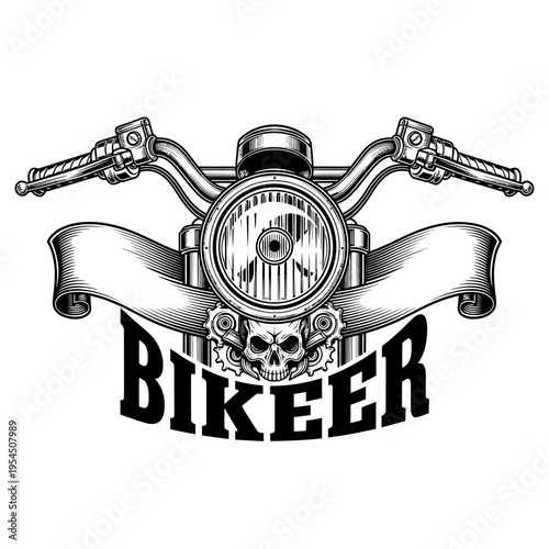 Vintage Motorcycle Handlebars and Headlight with Biker Text and Skull.
