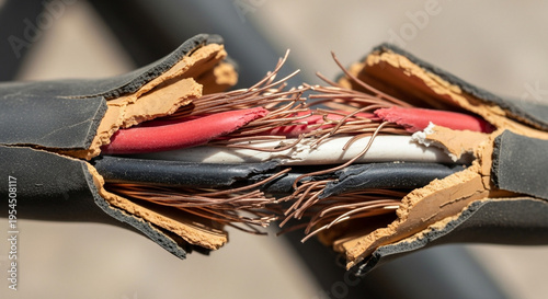 Damaged electrical cable with exposed wires and insulation ripped apart showing inner copper strands
