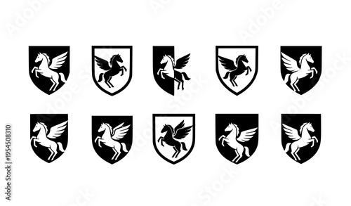 Pegasus Heraldic Crest Icons Set Shield Emblem Vector Collection