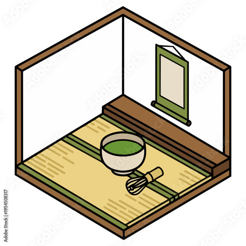 Japanese Tea Ceremony Room Matcha Green Tea Isometric Vector Illustration