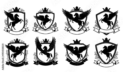 Pegasus Coat of Arms Shield Collection Heraldic Fantasy Vector Set