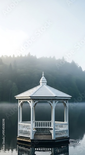 White wooden gazebo floating on a calm misty lake surrounded by forest